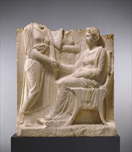 Grave Naiskos of a Seated Woman with Two Standing Women; Greece, Attica, about 340 B.C; Marble; 110 × 100 × 25.2 cm
