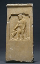 Gravestone of Moschion with his Dog; Greece, Attica, about 375 B.C; Marble; 61.5 × 29.5 × 6.4 cm, 24 3,16 × 11 5,8 × 2 1,2 in