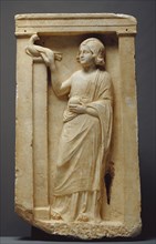 Gravestone of Apollonia; Greece; about 100 B.C; Marble with polychromy; 112.4 × 63.5 × 20 cm, 308.4 kg, 44 1,4 × 25 × 7 7,8 in