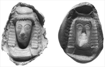 Mold for the Front half of a Daedalic Female Head; Tarentum, Taras, South Italy, Europe; late 7th century B.C; Terracotta