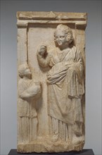 Gravestone of Demainete; Greece, Attica, about 310 B.C; Marble; 96.5 × 47.5 × 15 cm, 80.3 kg, 38 × 18 11,16 × 5 7,8 in., 177 lb
