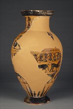 Attic Black-Figure Amphora, Tyrrhenian, Castellani Painter; Athens, Greece; about 570 B.C; Terracotta; 43 × 16.5 cm