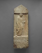 Gravestone of Myttion; Attica, Greece; about 400 B.C; Marble with polychromy; 71.1 × 24.1 × 8.9 cm, 28 × 9 1,2 × 3 1,2 in