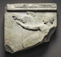 Relief Fragment with a Horse and Rider; Attica, Greece; about 500 B.C; Blue-gray marble; 27.6 × 30.5 × 6 cm