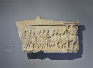 Relief with Achilles, Thetis, and Worshippers; Thessaly, Greece; about 350 B.C; Marble; 78.1 × 132.1 × 7.6 cm