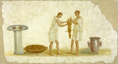 Wall Fragment with a Scene of Meal Preparation; Italy; 100 - 150; Fresco; 69.5 × 127 × 3.5 cm, 27 3,8 × 50 × 1 3,8 in