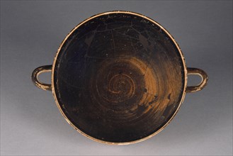 Black-Figure Komast Cup; Attributed to the Painter of Copenhagen 103; Athens, Greece; 580–560 B.C; Terracotta; 9.7 × 26.1 cm