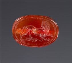 Gem Engraved with a Lion; Greece; early 5th century B.C; Carnelian; 0.9 × 1.3 × 1.1 cm, 3,8 × 1,2 × 7,16 in
