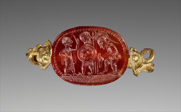 Scarab; Master of the Boston Dionysos; Etruria; 520 - 510 B.C; Carnelian and gold; 0.7 × 1.2 × 0.9 cm, 1,4 × 1,2 × 3,8 in