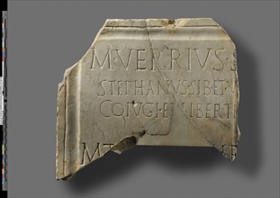 Fragmentary Roman Inscription; 1st-2nd century A.D; Marble; 43.2 x 50.8 cm, 17 x 20 in