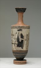 Oil Jar with a Woman Tying a Ritual Ribbon around a Gravestone; Athens, Greece; about 460 B.C; Terracotta; 19.2 × 6.5 cm