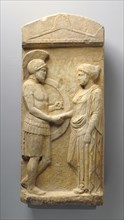 Gravestone of Philoxenos and Philoumene; Greece, Attica, about 400 B.C; Marble; 102.2 × 44.5 × 16.5 cm