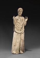 Statue of a Mourning Woman; Canosa, South Italy; 300 - 275 B.C; Terracotta with polychromy, organic pink, iron-based red pigment