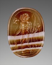 Nike Crowning Hercle; Etruria; 400 - 380 B.C; Banded red and white agate; 1.8 × 1.4 × 0.9 cm, 3,4 × 9,16 × 3,8 in