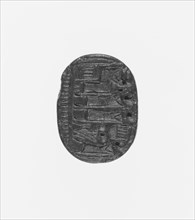 Engraved Scarab; Lyre Player Group; Northern Syria, Syria; second half of 8th century B.C; Dark brown serpentine; 2 × 1.5 × 1 cm