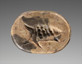 Engraved Scaraboid; about 400 B.C; Mottled green and yellow jasper; 2.3 × 1.7 × 0.9 cm, 15,16 × 11,16 × 5,16 in