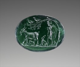 Engraved Gem with a Goatherd; A.D. 50–100; Green chalcedony; 1.5 × 1.1 × 0.3 cm, 9,16 × 7,16 × 1,8 in