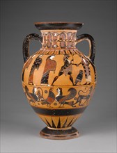 Black-Figure Neck Amphora; Euboea, Greece; about 570 - 560 B.C; Terracotta; 35.6 × 23.2 cm, 14 × 9 1,8 in