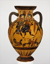 Storage Jar with Herakles Battling Kyknos; Euboea, Greece; about 570 - 560 B.C; Terracotta; 35.8 × 23.8 cm, 14 1,8 × 9 3,8 in
