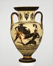 Storage Jar with Two Warriors; Unknown, Connected with the Class of Cabinet des Médailles 218, Greek, Athens, Greece; about 500