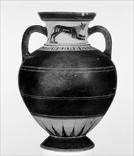 Attic Black-Figure Neck Amphora, Ovoid, Athens, Greece; about 570 - 560 B.C; Terracotta; 33.1 × 14.4 cm, 13 1,16 × 5 11,16 in