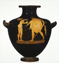 Water Jar with a Reveler; Attributed to the Eucharides Painter, Greek, Attic, active about 500 - 470 B.C., Athens, Greece