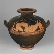 Water Jar with Herakles Wrestling the Nemean Lion; Attributed to Aegisthus Painter, Greek, Attic, active about 480 - about 460