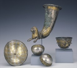 Group of Drinking Vessels; Eastern Parthian Empire; Bactrian Empire; 1st century B.C; Gilt silver, garnet, inlaid glass