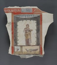 Fresco Depicting a Woman, Maenad?, Holding a Dish; Peacock and Fruit Below; Roman Empire; 1st century; Fresco; 81.1 x 77.2 x 7.9