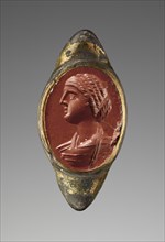 Engraved Gem with a Portrait of a Woman set into a Ring; about 200; Gem: red jasper; ring: gilded silver; 1.5 × 1.1 cm