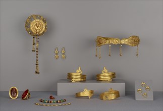 Ensemble of Jewelry; Egypt; 225–175 B.C; Gold with various inlaid and attached stones, including garnet, carnelian, pearl, bone