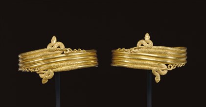 Snake Bracelets; Alexandria, Egypt; 220 - 100 B.C; Bracelets: Gold; Fastening pin: Copper alloy