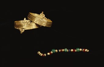 Snake Bracelets; Alexandria, Egypt; 220 - 100 B.C; Bracelets: Gold; Fastening pin: Copper alloy