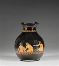 Wine Jug with Knucklebone Players; Group of Boston 10.190; Athens, Greece; 420 B.C; Terracotta; 17.3 cm, 6 13,16 in