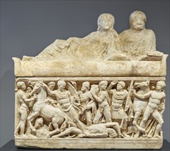 Sarcophagus; made in an Attic workshop; Athens, Greece; A.D. 180–220; Marble; 134 × 147 × 211 cm, 52 3,4 × 57 7,8 × 83 1,16 in