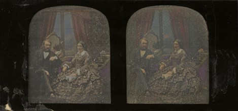 Portrait of a couple; Antoine Claudet, French, 1797 - 1867, about 1855; Stereograph, daguerreotype, hand-colored
