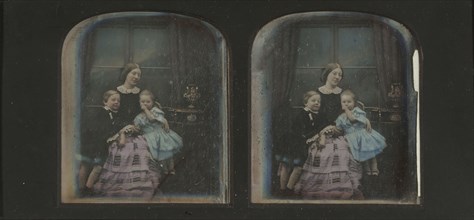 Mother posed with her young son and daughter; Antoine Claudet, French, 1797 - 1867, about 1855; Stereograph, daguerreotype