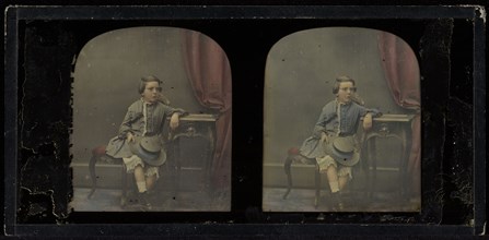 Portrait of a young boy; Antoine Claudet, French, 1797 - 1867, about 1855; Stereograph, daguerreotype, hand-colored
