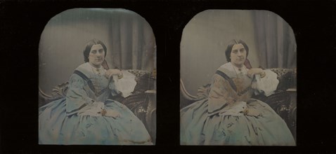 Portrait of a middle-aged woman; Antoine Claudet, French, 1797 - 1867, about 1855; Stereograph, daguerreotype, hand-colored