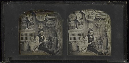 Man weaving basket; Joseph Amadio, British, active London, England about 1855, 1855 - 1858; Stereograph, Daguerreotype
