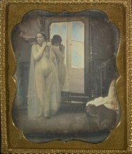 Female Nude at Mirror; French; 1850 - 1852; Daguerreotype, hand-colored; 6.4 x 5.7 cm 2 1,2 x 2 1,4 in