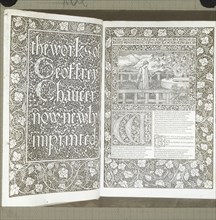 Title page and first page of  The Works of Geoffrey Chaucer; Frederick H. Evans, British, 1853 - 1943, 1890 - 1899; Lantern