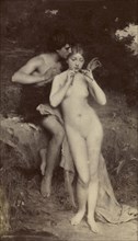 Painting of nude female playing pipes; about 1870 - 1890; Albumen silver print