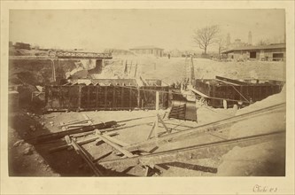 Pier no.2, mounting the caissons; Louis-Émile Durandelle, French, 1839 - 1917, April 21, 1887; Albumen silver print
