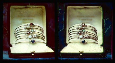 Gold bracelets with various precious gems; Lumière Brothers; about 1898; All-Chroma autochrome; 7.3 x 6.7 cm 2 7,8 x 2 5,8 in