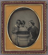 Portrait of Two Children and Their Mother Viewing a Music Box; American; about 1851; Daguerreotype