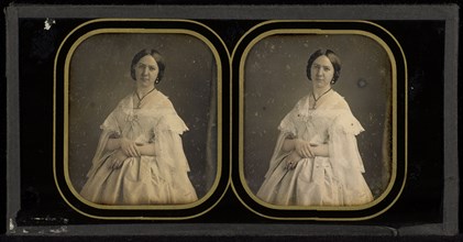 Portrait of a woman in a white dress; Mayer & Pierson, French, active 1855 - 1878, about 1855; Stereograph, daguerreotype, hand