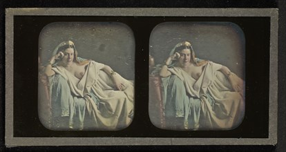 Female Nude in Harem Costume Reclining; Attributed to Bruno Braquehais, French, 1823 - 1875, 1856 - 1858; Stereograph