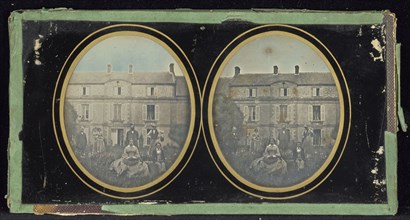 Family portrait outside a country home; Attributed to Louis Jules Duboscq-Soleil; 1851 - 1860; Stereograph, Daguerreotype