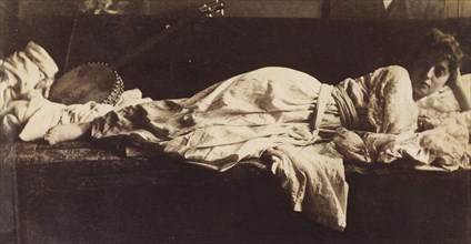 Blanche Gilroy in Classical Costume, Reclining with Banjo; Thomas Eakins, American, 1844 - 1916, about 1885; Albumen silver